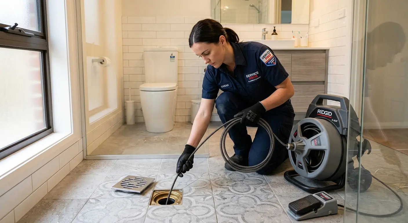 Technician clearing a bathroom floor drain for Clogged Drain Repair in Jacksonville